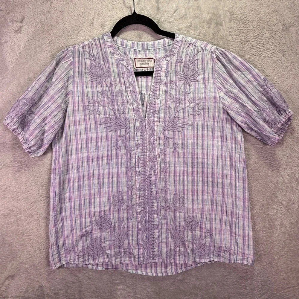 Johnny Was Womens Blouse Sz XS Purple Plaid Embroidered Hummingbird Puff Sleeve